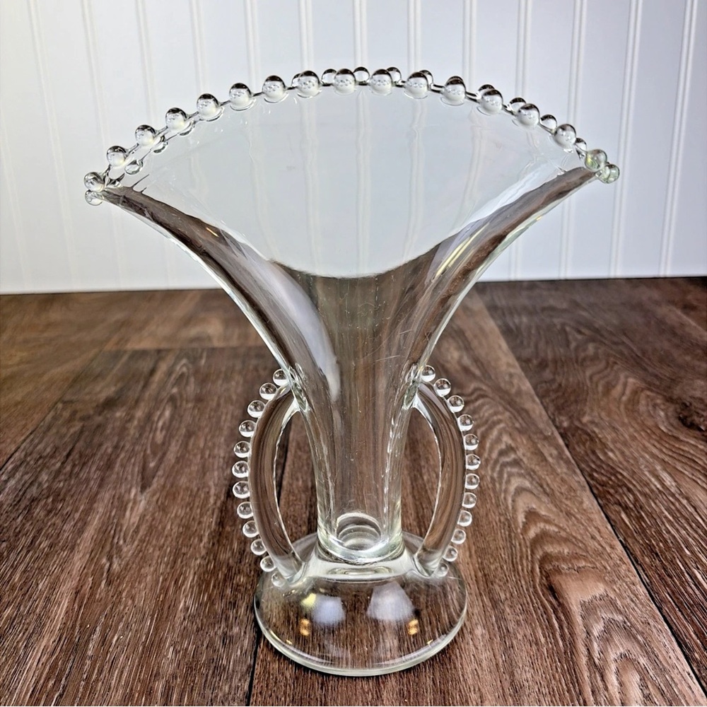 Vintage 1930's Candlewick Fan Vase Clear Imperial Glass Beaded Two Handled 8.25"